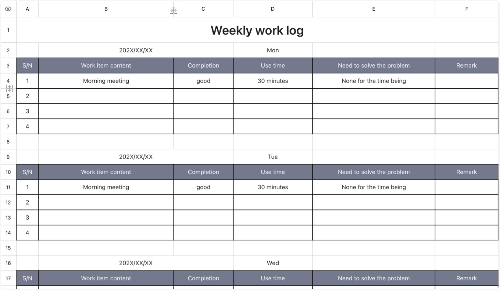 Weekly work logbook